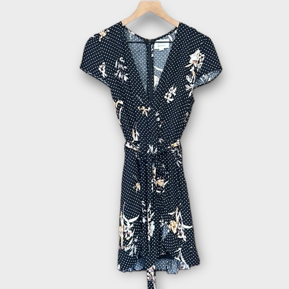 Lost + Wander Navy Blue Ruffle Front Floral Polka Dot Mini Dress Medium - Picture 2 of 12